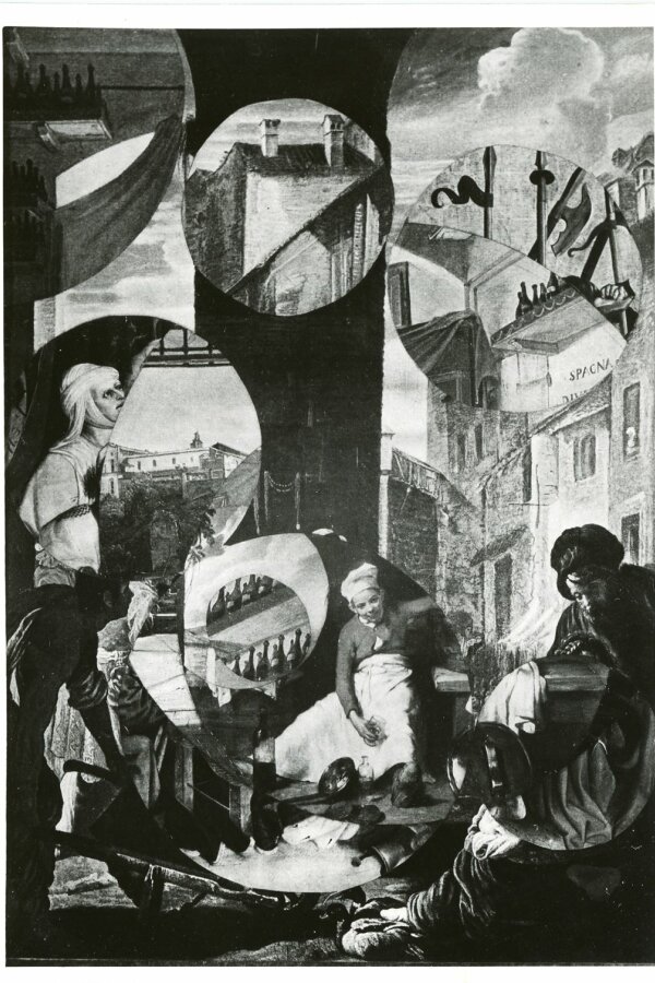 Juraj Mojžiš: „Kto navŕtal tvoje piliere?“, 1966, koláž z cyklu „Kruh si a na kruh sa aj obrátiš“